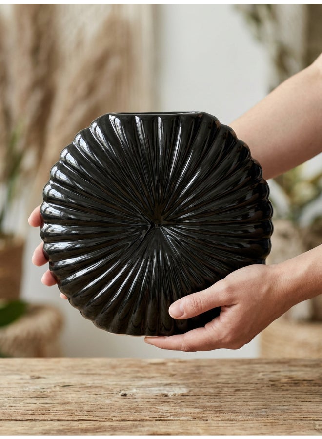 ايست من نون Ceramic Vase for Floral Decorative arrangement, Ht-23.5 cm | Shiny Black Color | Sunburst Glaze Design | Size -25.5x6x23.5 cm | Perfect for decorativing your living room, Ideal for decorating coffee table, dinning table, console table or any office or living space - Image 3